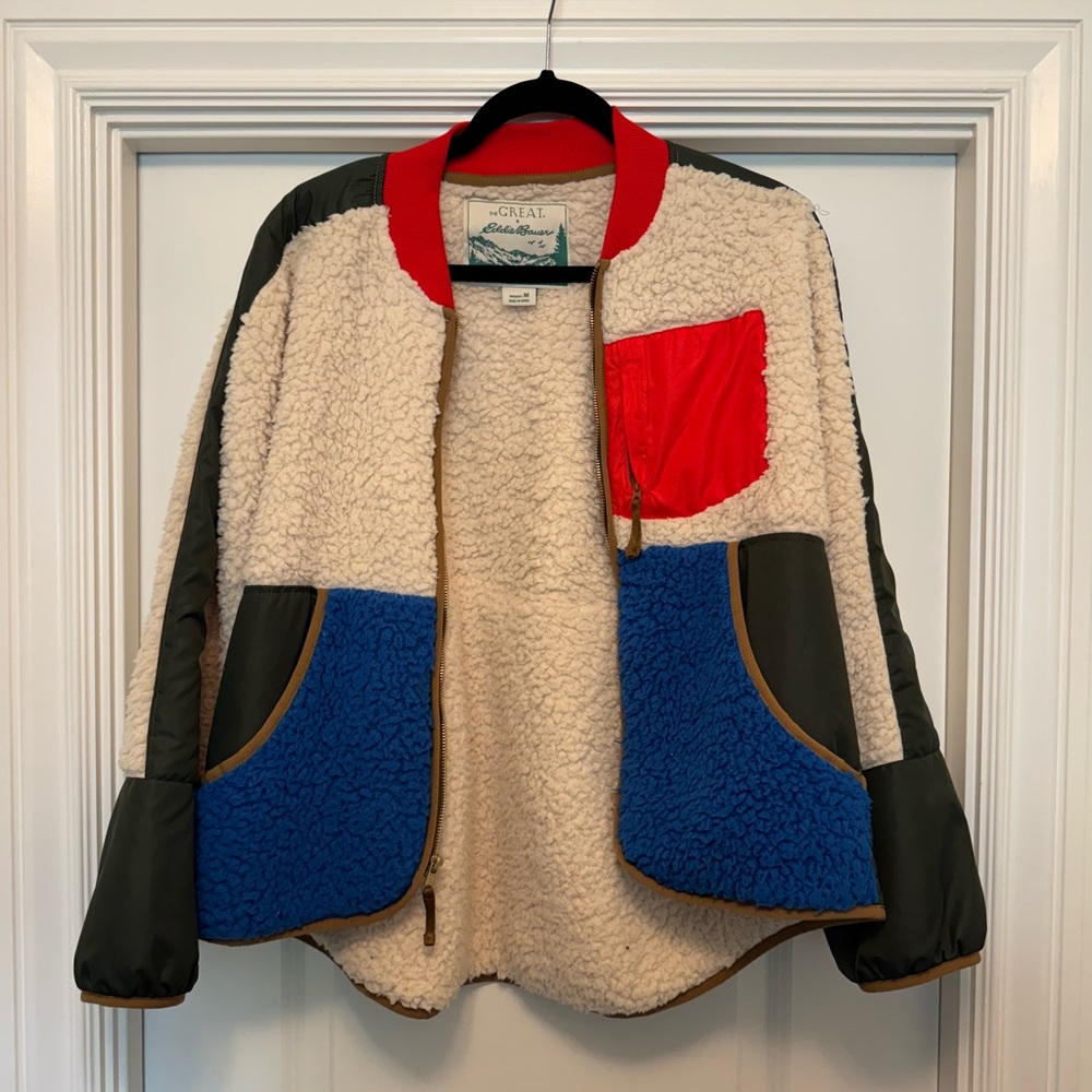 Eddie Bauer + The Great Teddy  Jacket with cream, green, red and blue  Accents